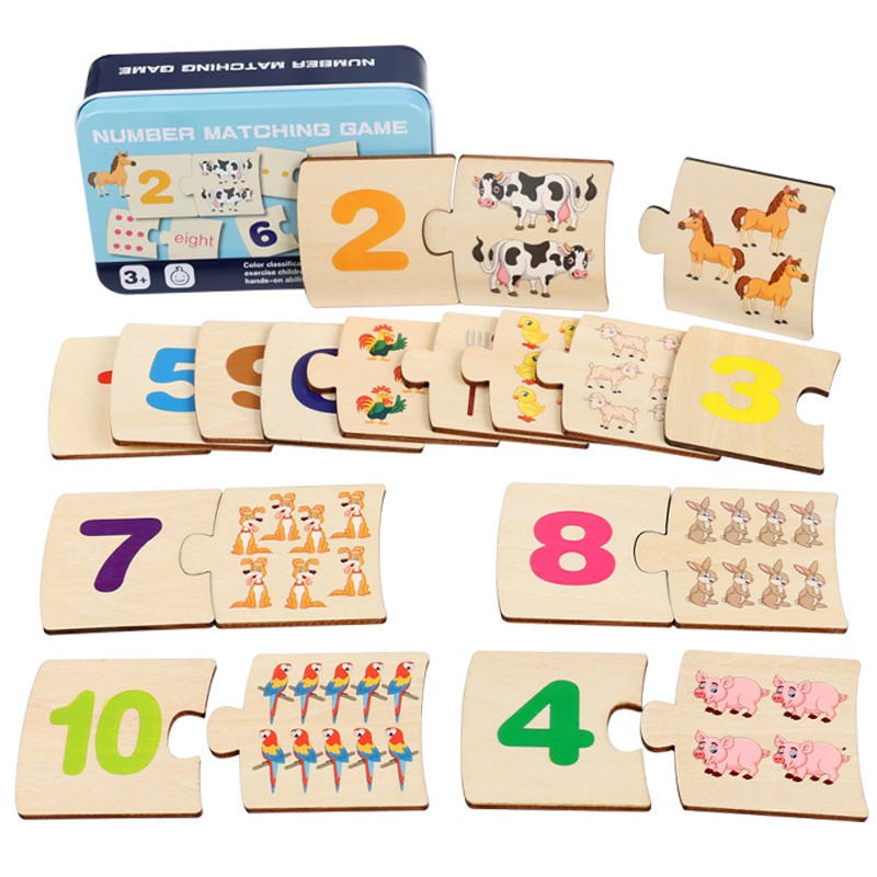 Board Game For Kids - 子供向け鉄箱ナンバー啓発ペアリング木製動物フードパズルボード論理的思考トレーニングゲーム知育玩具