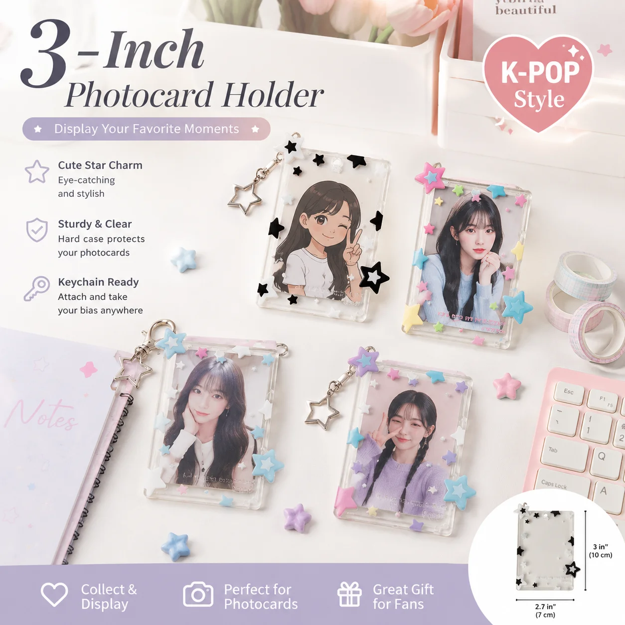 Card Sleeves Protector - スターデザイン 3インチ フォトカードホルダー、透明カードスリーブ（ランヤード付き）、韓国風ハードフォトカードケース