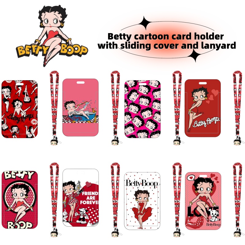 Card Sleeves Protector - ベティ・ブープシリーズのアニメバスカードホルダー、キャンパスの食事カード、勤務IDカード、漫画の女の子のスクールIDバッジ、スライドカバーとネックストラップ付き